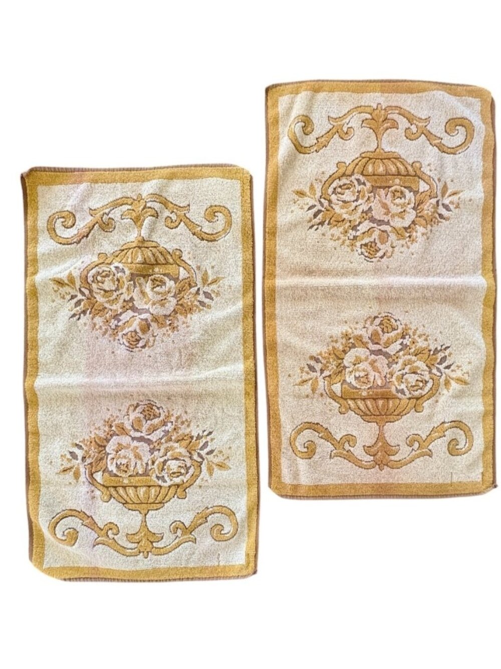 1960's Callaway Grand Classic Gold Rose Floral Hand Towels Set Of Two